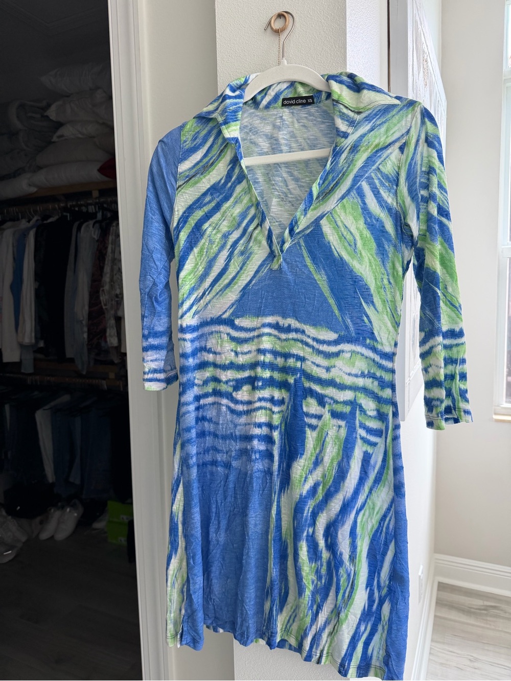 David Cline Blue, Green and White Abstract V-Neck Midi Dress